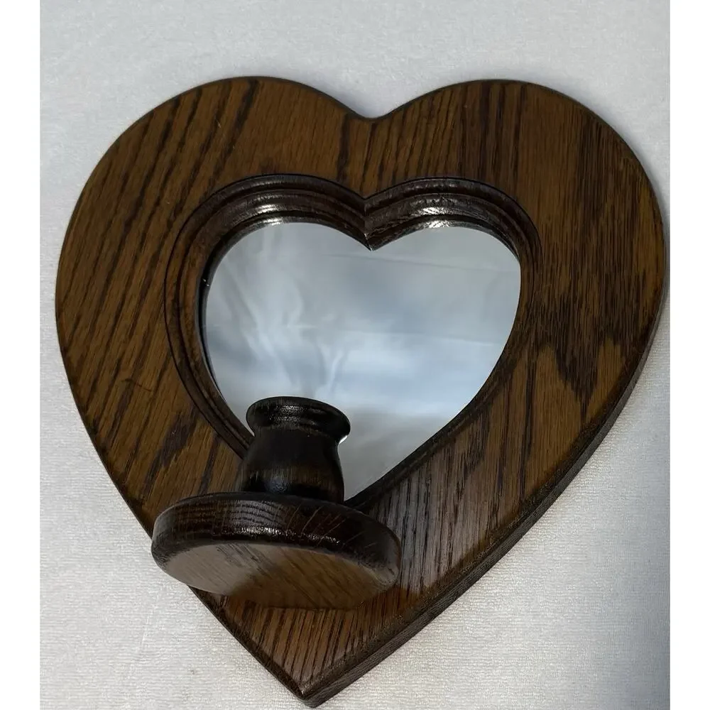 VTG Solid Oak Heart Wall Sconce Wooden Mirror Cottagecore Grannycore Candle